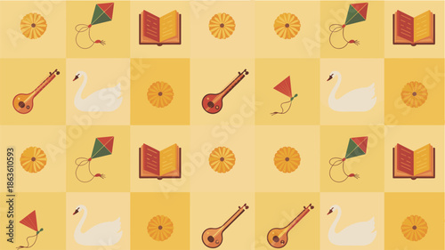 Vasant panchami holiday pattern with veena swan book kite and marigold flower icon