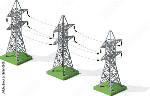 Transmission tower illustration, high-voltage pylons, power lines, electrical grid, energy infrastructure, metal lattice, utility system, industrial design
