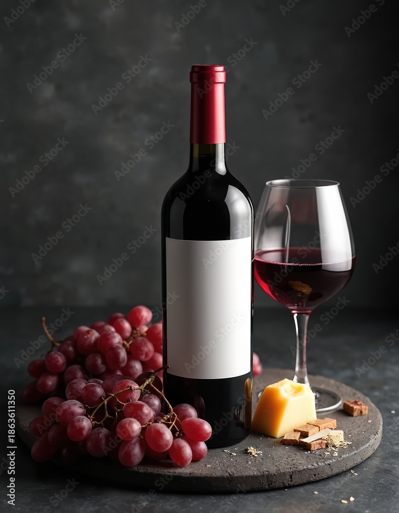 Obraz premium Red wine bottle with blank label rests near glass of wine. Bunch of grapes and cheese slices arranged on dark surface. Product mockup for branding wine.
