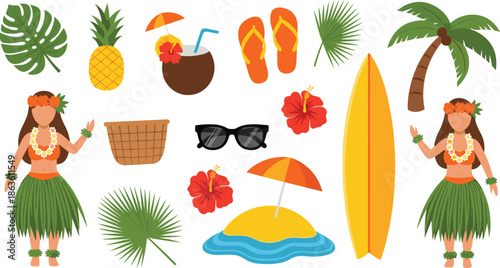 tropical icons, beach elements, hula dancers, surfboard, coconut drink, pineapple, flip-flops, palm tree, summer vacation, island culture