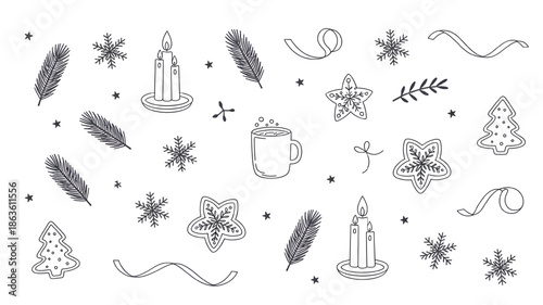 Hand drawn Christmas elements in minimalist style with monochrome color on white background for festive decoration