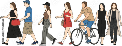 urban people, walking group, casual fashion, street activity, diverse clothing, public space, pedestrian motion, everyday life, city scene, lifestyle illustration