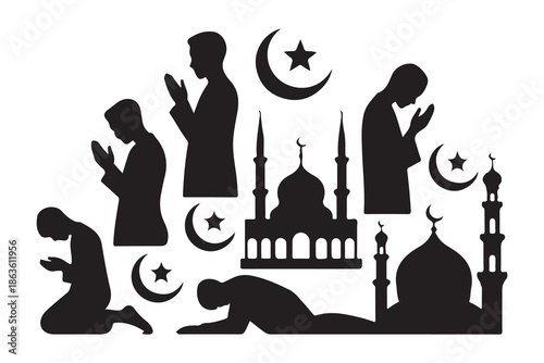 Islamic prayer silhouettes set with mosque architecture moon crescent and star elements for ramadan kareem banners