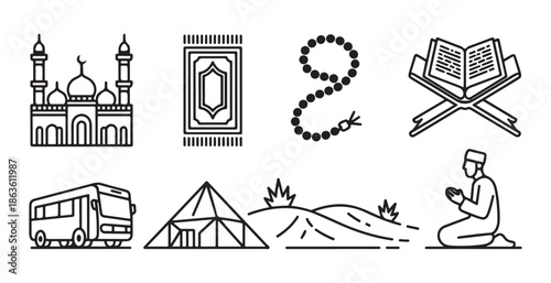 Islamic line icons set with mosque, prayer mat, rosary, quran book, bus, tent, desert landscape, and praying man