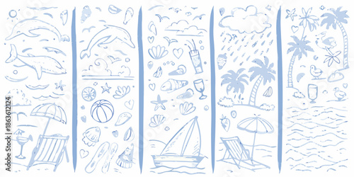 A collection of hand drawn summer themed doodles in light blue tones