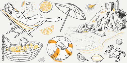 A sunny beach scene with a woman relaxing citrus fruits and coastal elements