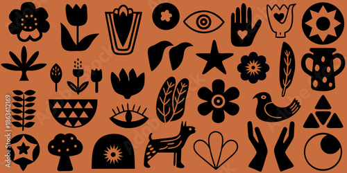 A collection of stylized black floral and symbolic shapes on an orange background