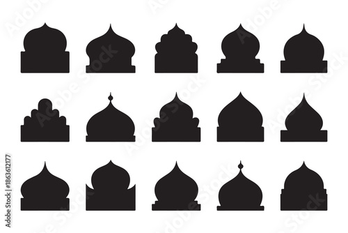 Fifteen different silhouette icons showcasing unique mosque dome designs representing islamic art and architectural heritage form