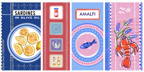 Colorful vintage style sardine and amalfi food labels illustration design