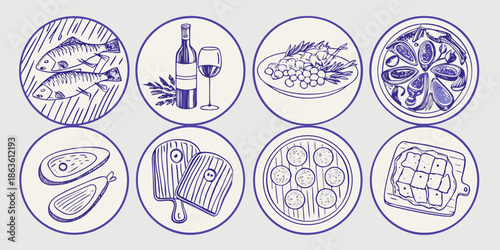 A collection of hand drawn illustrations depicting various seafood and culinary delights