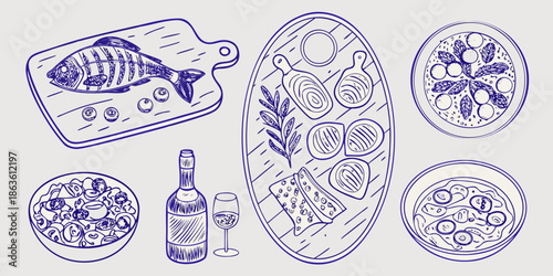 A culinary arrangement fish tapas wine and various dishes displayed overhead