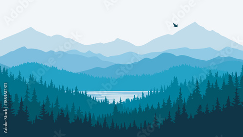 Serene mountain landscape with flying bird