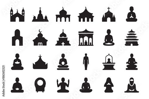 Spiritual icons collection with various silhouette figures and religious architecture symbols for diverse faiths