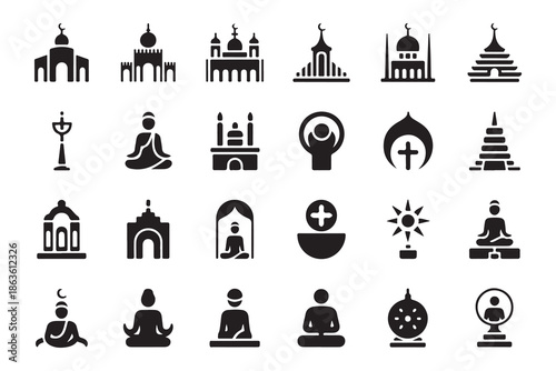 Abstract religious icons set with silhouette temples and meditating figures representing global spiritual beliefs