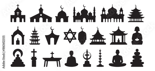 Set of religious buildings and symbols including churches mosques temples and meditating figures vector illustration
