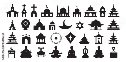 Religious building and symbol collection featuring churches mosques temples and spiritual figures vector illustration