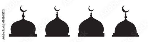 Set of four different black mosque dome silhouettes with crescent moon and star symbols on isolated white background