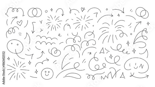 Doodle Elements Set in Simple Line Art Style with Minimalistic Design in Black and White for Graphic Design