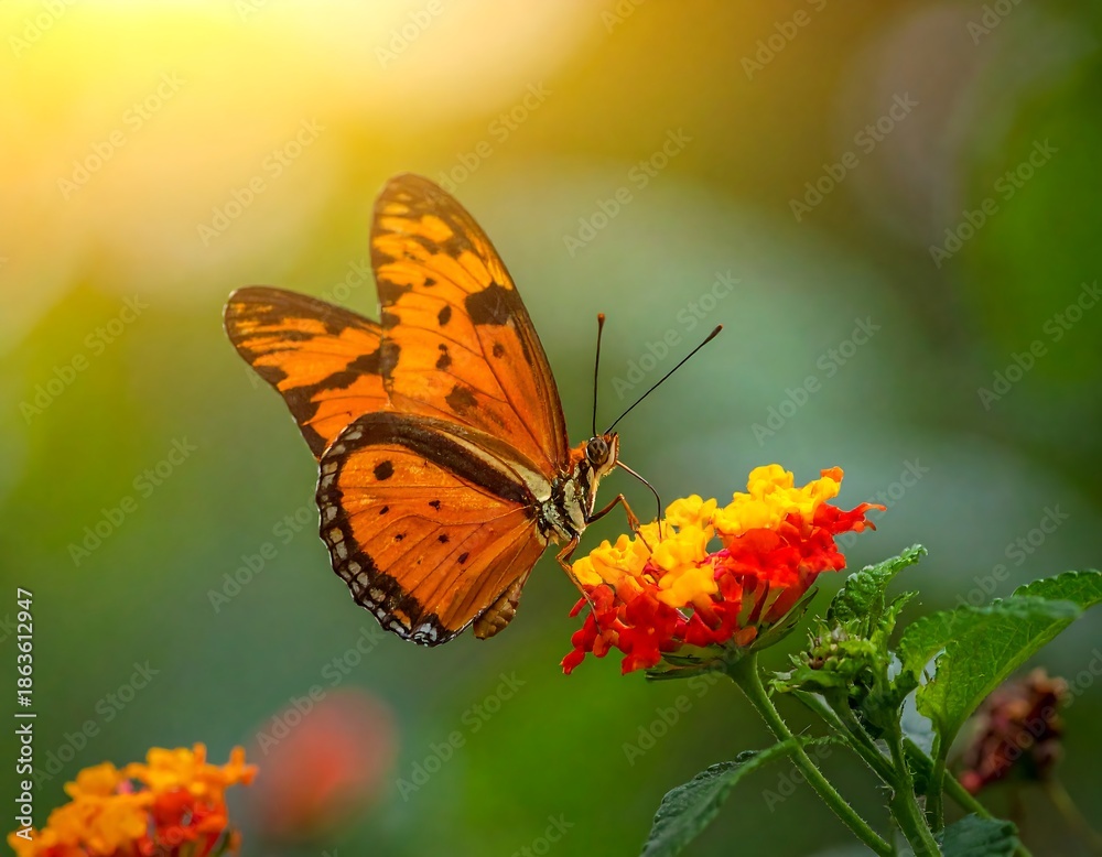 Obraz premium Butterfly alighting on vibrant, colorful flowers