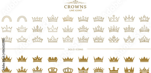 An extensive collection of elegant crown line and solid gold icons, meticulously crafted for royal branding, luxury designs, and prestigious visual identity elements