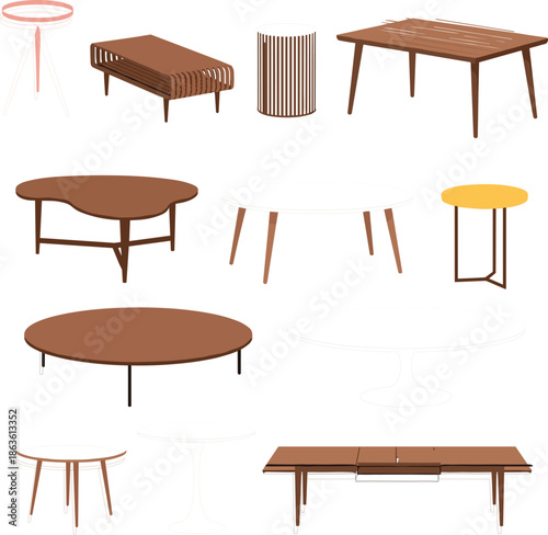 Set of modern coffee tables and minimalist side tables in mid century style isolated on white background for interior design projects