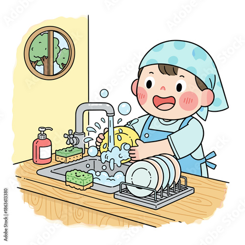 Happy little girl washing dishes in kitchen sink with soap bubbles