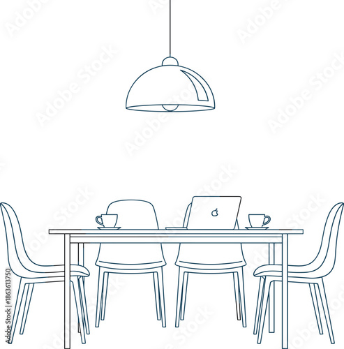 Elegant outdoor French bistro cafe furniture set vector illustration featuring a round wrought iron table and two vintage scrollwork chairs with coffee pot for patio and restaurant dining design.