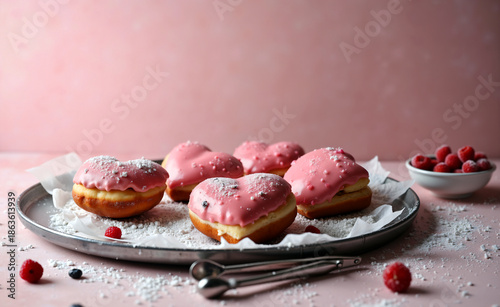 Pink glazed donuts dusted with powdered sugar on a metal tray, surrounded by fresh berries on a soft pastel background.