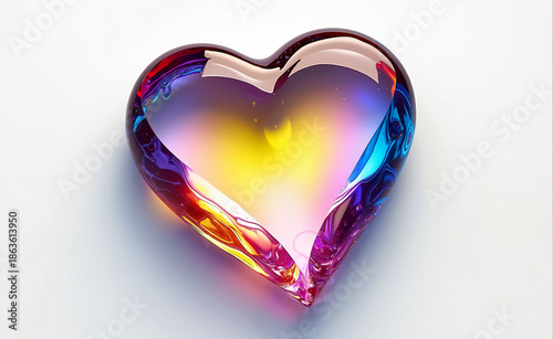 Glossy glass heart with vibrant rainbow gradients on a clean white background, symbolizing love, emotion, and modern abstract design.