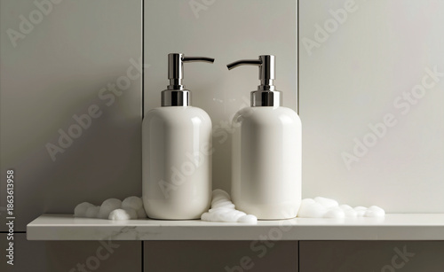 Minimalist bathroom shelf with two white ceramic soap dispensers and soft foam, clean modern interior with neutral tones.