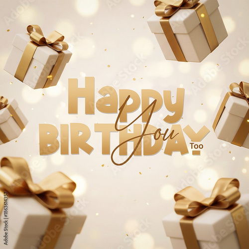 Creative Happy Birthday You Too typography with luxury white and gold gift boxes