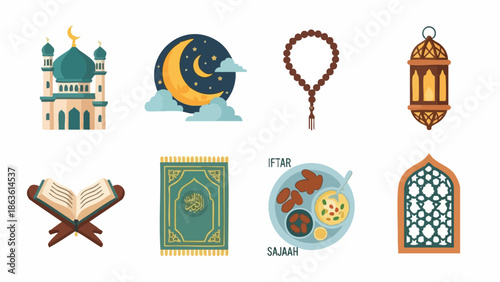 Flat lay of various Islamic icons and symbols including a mosque, crescent moon, prayer beads, lantern, Quran, and plate of dates on a white background with a mix of green, gold, and blue