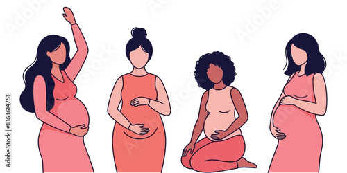 Diverse pregnant women in pink and coral dresses stand and kneel holding their bellies with gentle gestures representing motherhood and expectation pregnancy woman expecting