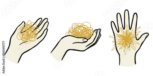 Three stylized hands shown in profile and front view hold and are covered by a tangled mass of golden thread illustrating complexity and disorder holding chaos mess frustration