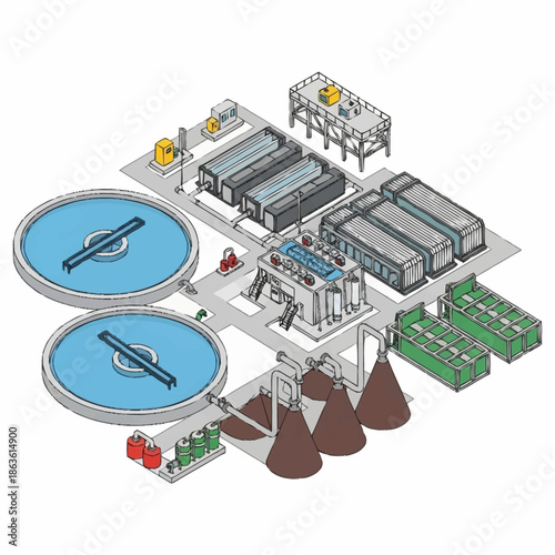 Detailed isometric illustration of a comprehensive wastewater treatment plant.