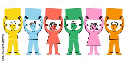 Diverse group of people in bright colors holding blank signs symbolizing unity activism and shared ideas People 185 protest demonstration rally crowd diversity message communication