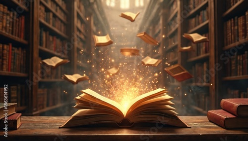Open book emits glowing light and flying pages in library archive. Knowledge and imagination burst from antique literature stacks. Endless stories unfold with magical wonder.
