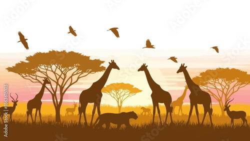 A vibrant African savanna landscape at sunset, featuring silhouettes of giraffes, antelopes, a lion, and acacia trees under a sky with soaring birds.