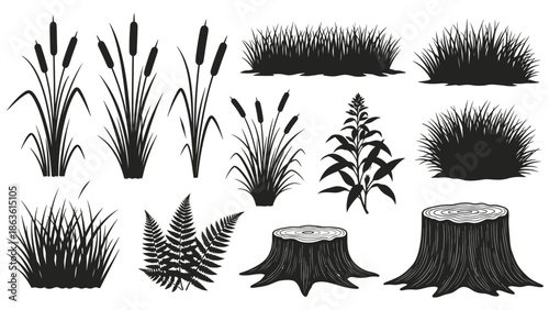 A collection of black and white illustrations of various plants and natural elements, including cattails, grass, ferns, and tree stumps.