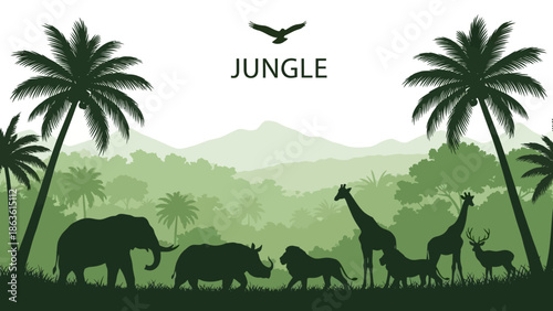 Silhouette of various African animals including an elephant, rhino, lion, giraffes, and deer against a lush jungle backdrop with palm trees and mountains.