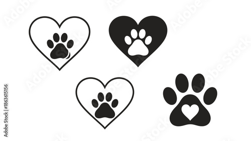 A collection of four paw print icons within hearts, symbolizing love for animals.