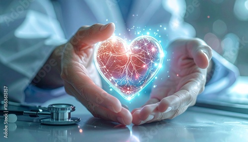 Close-up of a healthcare professional's hands supporting a radiant, technologically advanced heart, illustrating the concept of modern cardiac care and health innovation