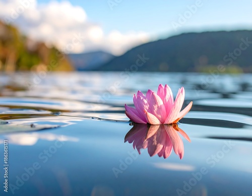 Close-up of pink flower floating on water, reflecting sunlight
