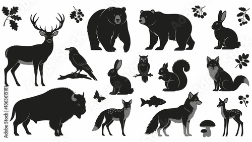 A collection of black silhouettes of various wild forest animals, including deer, bears, rabbits, foxes, and birds, set against a white background.