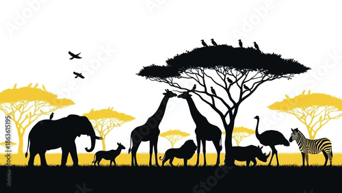 Silhouette of various African savanna animals including elephants, giraffes, lions, zebras, and rhinos under a large acacia tree with birds perched on its branches.