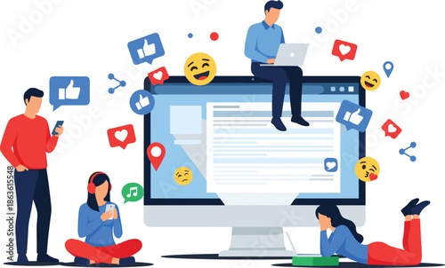 Vibrant depiction of people actively engaging with social media platforms, highlighting modern online communication and digital connectivity in a dynamic network environment