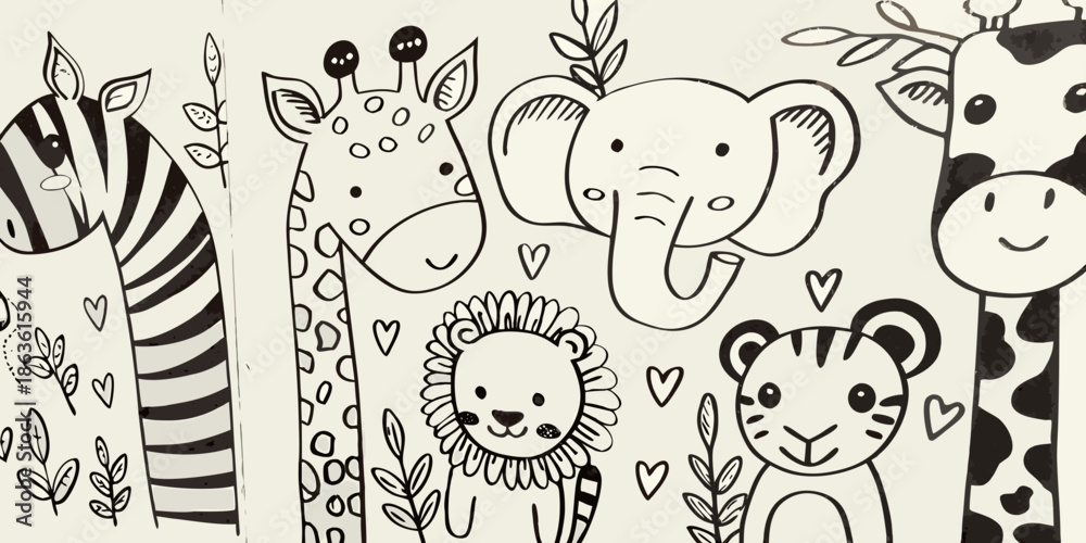 Naklejka premium Charming black and white illustration of cute baby animals with floral details