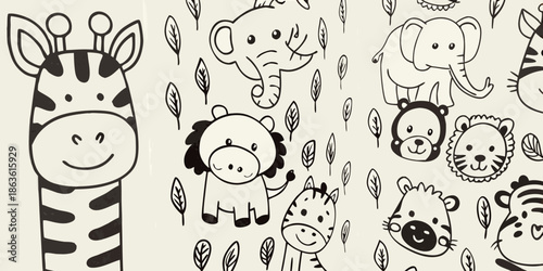 Charming black and white pattern featuring cute cartoon animals and foliage