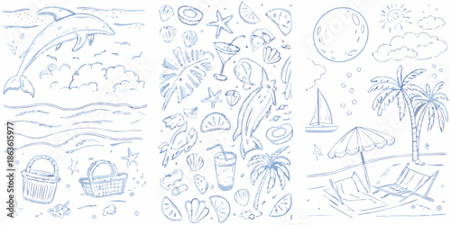 Sketch collection of marine life tropical scenes and summer vacation elements