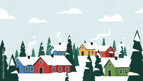 Charming village nestled in snowy winter landscape with colorful houses.